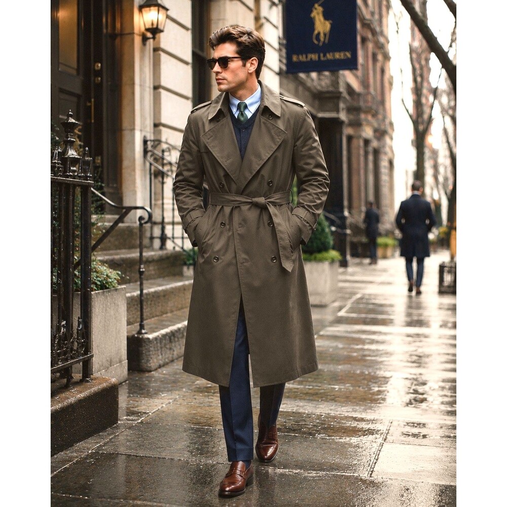 Ralph Lauren Dark Beige Double Breasted Trench Coat Removable Wool Liner Men 44S